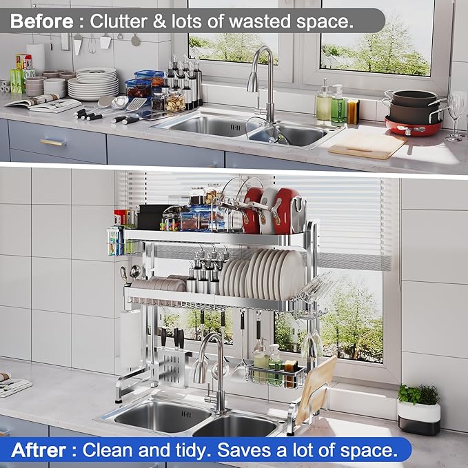 Over The Sink Dish Drying Rack,3 Tier Adjustable Length Full Stainless Steel Large Storage Kitchen Dish Rack,for Kitchen Counter Expandable Multifunctional Organizers,Silver (25.98-37.6")