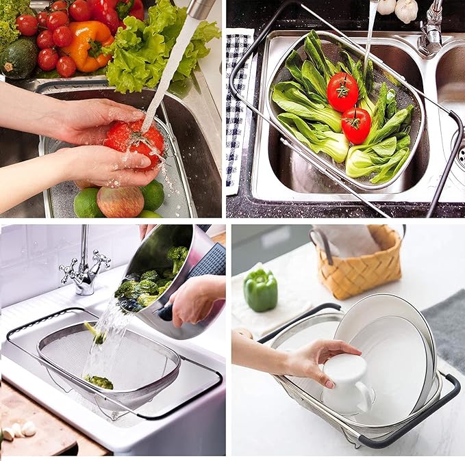 Over The Sink Colander, 4 Quarts Stainless Steel Oval Colander with Expandable Rubber Grip Handle, Fine Mesh Strainer Baskets Kitchen Colander for Strain, Drain, Rinse Vegetables, Fruits, Black