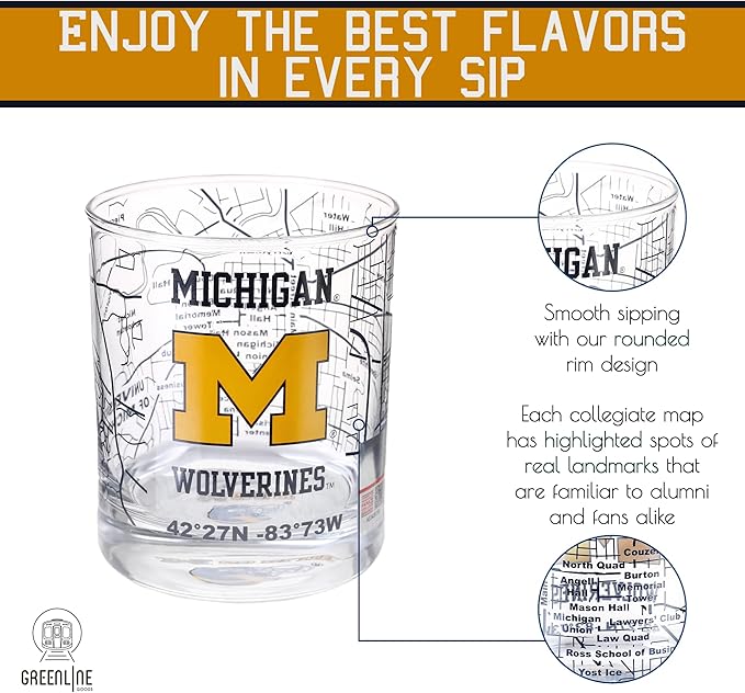 Greenline Goods – University of Michigan Wolverines College Whiskey Glasses (Set of 2), 10 oz – Full‑Color Logo + Campus Map