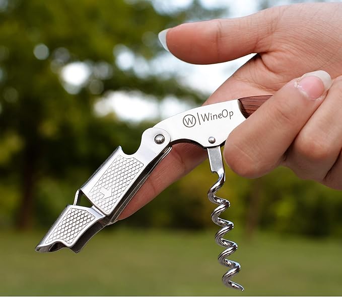 WineOp Professional Wine Opener Luxury Double Hinged Waiter's Corkscrew Wine Bottle Key - Cork screwer for Servers, Bartenders, Sommelier and Home Use | All-In-One Stainless Steel (Rosewood Handle)