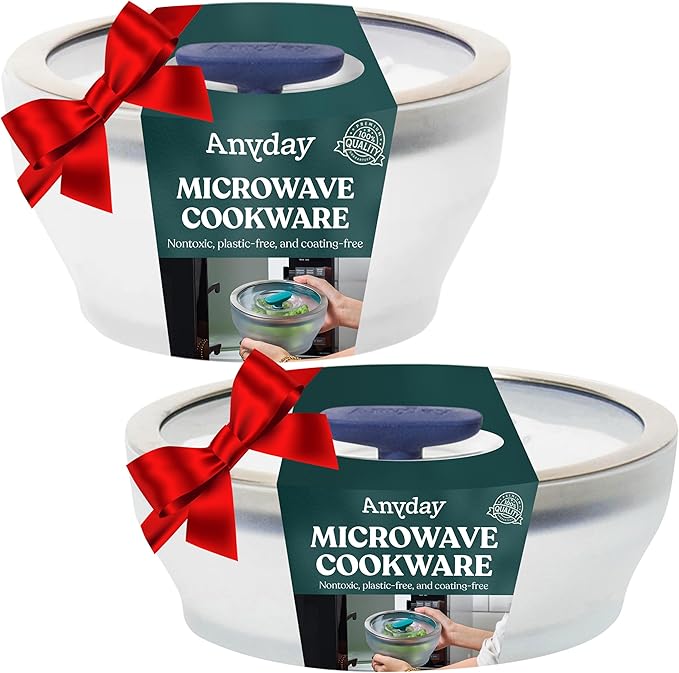 Anyday 4-Pc Microwave Cookware & Glass Food Storage Set with Glass Lids | Medium Plastic-Free Containers | Stackable Steamer with Vented Lid for Microwave-Safe Reheating & Steaming Vegetables, Rice