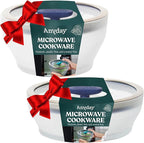 Anyday 4-Pc Microwave Cookware & Glass Food Storage Set with Glass Lids | Medium Plastic-Free Containers | Stackable Steamer with Vented Lid for Microwave-Safe Reheating & Steaming Vegetables, Rice