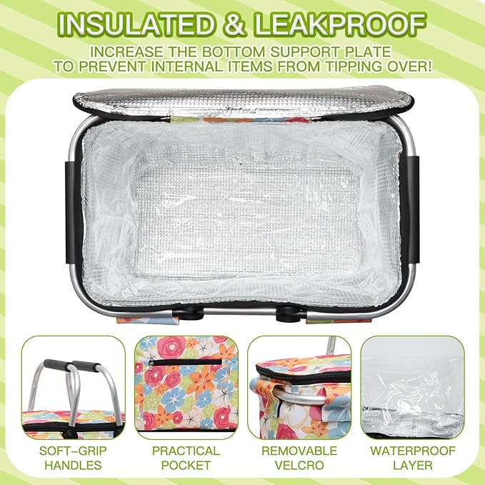 Insulated Picnic Basket,40L Leak-Proof Cooler Bag,Grocery Basket with Lid,2 Sturdy Handles,Storage Basket for Picnic, Picnic Basket for 4 Persons (Flower)