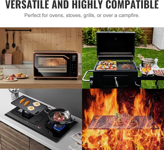 VEVOR Reversible Grill/Griddle, 17x10'' Pre-Seasoned Cast Iron Griddle, Rectangular Double Burner Griddle Pan, Non-Stick Family Pan Cookware with Handles, Flat Top Plate for BBQ, Gas Grill, Black