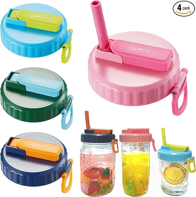 4 Pack Wide Mouth Mason Jar Lids with Straw, Leak-Proof Covers for Drinking or Storage, Fits Ball & Kerr Mason Jars