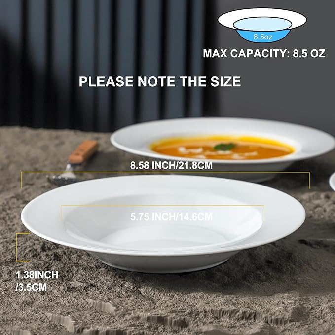 Ceramic Soup Bowls Shallow Plates, Halloween 4 Pack White Dinner Bowls Plates, Porcelain Wide Rim, 8.5 Inch (8.5 oz) Shallow Bowls Ideal for Soup Dessert Salad and Pasta, Microwave and Dishwasher Safe