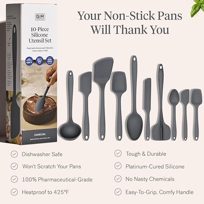 GIR: Get It Right 10 Piece Silicone Utensil Set - Ladle, Spatula, Flip, Spoon & Spoonula, Non-Stick, Heat Resistant, Dishwasher Safe, Silicone Kitchen Utensils, Baking Supplies