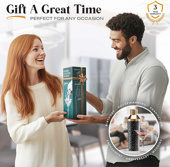 Insulated Cocktail Shaker Set | Double Wall Stainless Steel | Martini Shaker for Home Bar Bartending | Built-in Drink Measurement System & Strainer, Travel Bag, 35 Recipes | Gift Set (Leopard Copper)