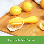 Tovolo Citrus Reamer with Seed Catcher, White & Yellow – Ergonomic Handheld Juicer for Lemons, Limes, Oranges, BPA-Free, Dishwasher Safe