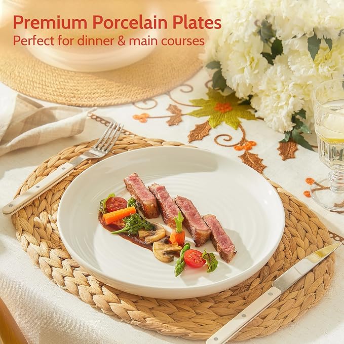 Sweese Porcelain Dinner Plates Set of 6, 10.5 Inch Dish Set - Dishwasher, Microwave, Oven Safe, Scratch Resistant, Kitchen Serving Dishes - White