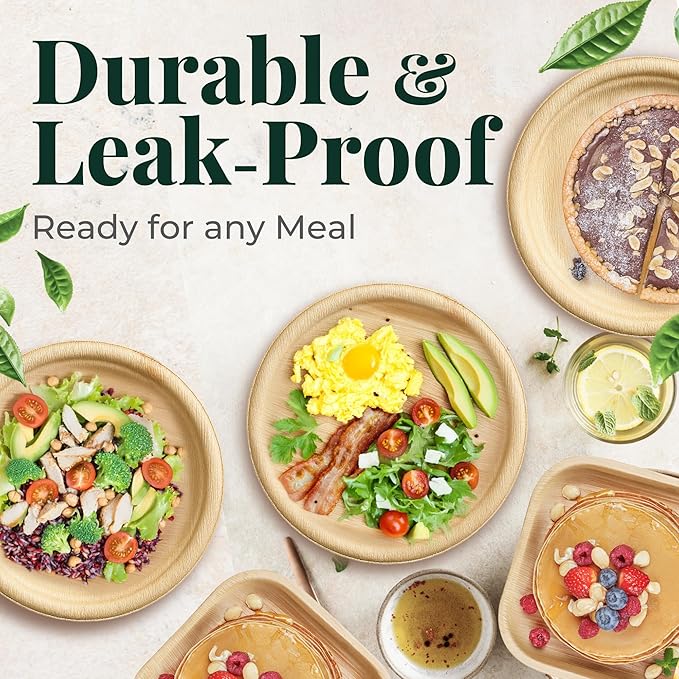 Palm Leaf Plates 10 Inch Bamboo Paper Disposable 50 Bulk Dinner Round Party Plates Event Tableware Eco Biodegradable Compostable Wooden Plate Best Alternative to Plastic Plate