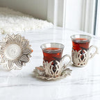 Alisveristime (Set of 2 Turkish Tea Set with Zamac Holders, Glass Cups, and Saucers – Ahsen Ottoman Design, 100ml Capacity, Available in Gold or Silver Color (Silver)