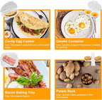 4pcs Microwave Breakfast Set, Including Non-Stick Omelet Maker 2 Cavity Egg Poacher Bacon Baking Tray Potato Rack Easy to Use Microwave Cookware Cooker