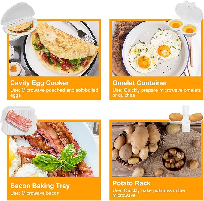 4pcs Microwave Breakfast Set, Including Non-Stick Omelet Maker 2 Cavity Egg Poacher Bacon Baking Tray Potato Rack Easy to Use Microwave Cookware Cooker