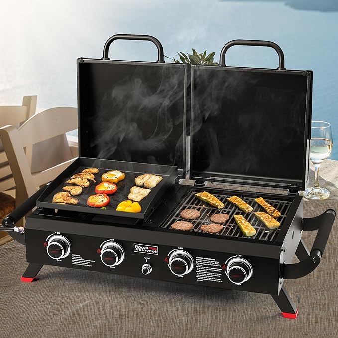 Royal Gourmet GD4002TP 4 Burner Propane Gas Grill and Griddle Combo with Hood, 2-in-1 Portable Grill Griddle Combo with 40,000 BTUs Output for Camping, Tailgating, Backyard, Black