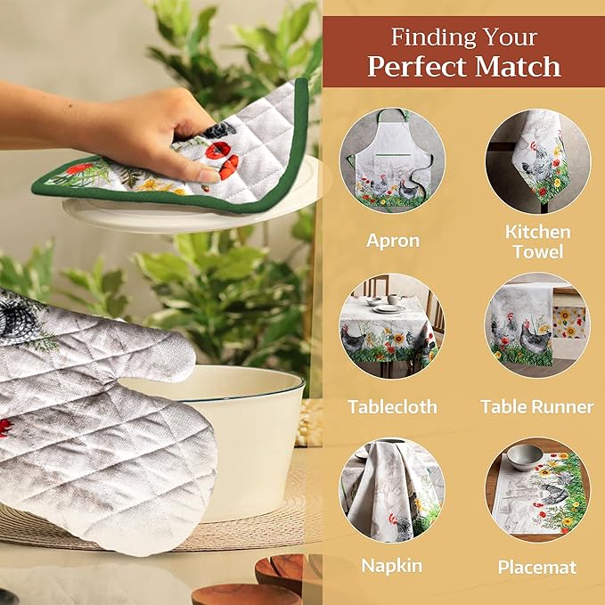 Maison d' Hermine Pot Holders 100% Cotton Heat Resistant Potholders 8" x 8" Hot Pads with Loop BBQ, Cooking, Baking, Grilling, Kitchen, Handling Hot Pans Spring/Summer (Pack of 1, Basse Cour)