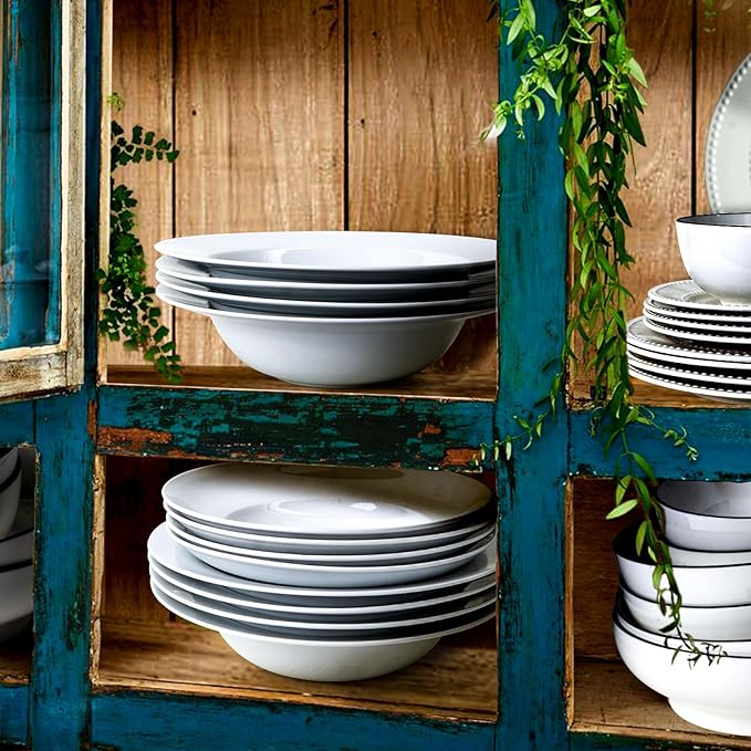 Pasta & Salad Bowls - 40oz White Ceramic Soup Plates - Set of 4, Large Pasta Plates, Wide Rimmed, Microwave & Dishwasher Safe