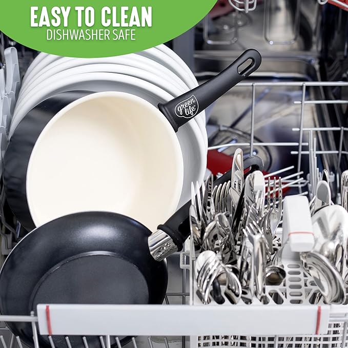 GreenLife Soft Grip 1QT and 2QT Saucepan Set, Healthy Ceramic Nonstick, Non Toxic PFAS-Free, Dishwasher Safe, Glass Lids, Stay-Cool Handles, Easy Clean Cookware, Kitchen Essentials, Black & Cream