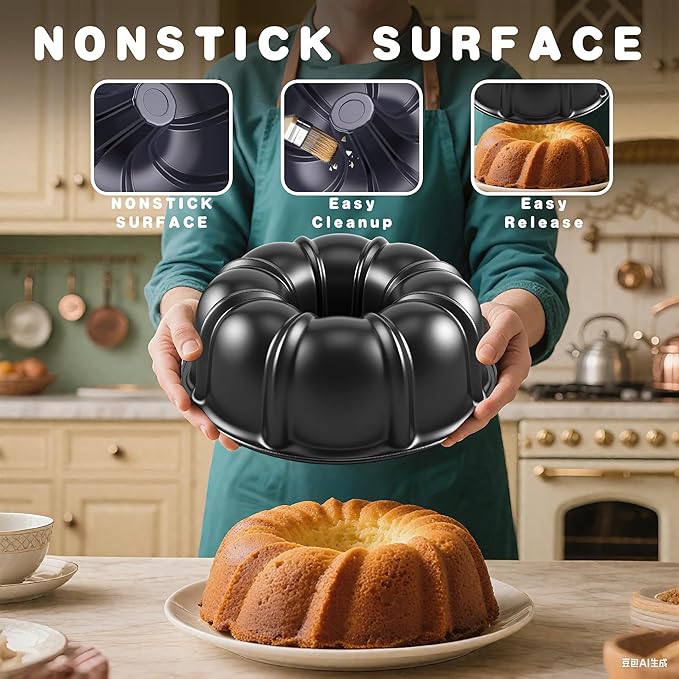 Bundt Cake Pan, 10-Inch Nonstick Round Fluted Tube Cake Baking Pan, Buntz Pound Cake Mold,Tube Bakeware,Baking Mold for Jello/Gelatin/Chocoflan/Flan, Non Toxic, Easy Clean - Black