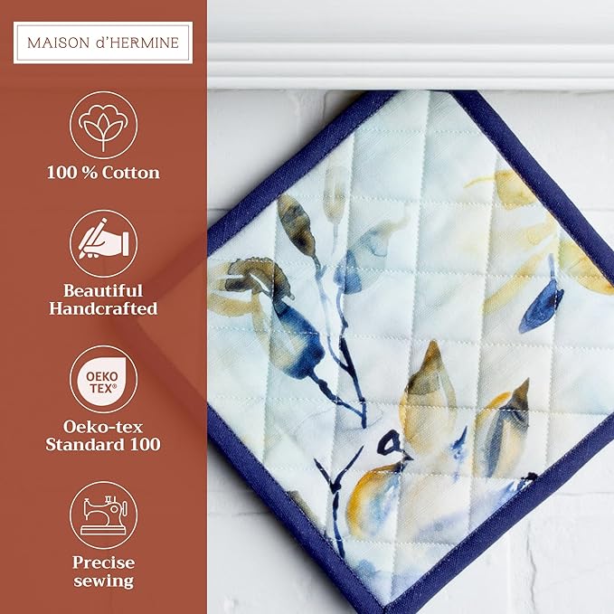 Maison d' Hermine Pot Holders set 100% Cotton Heat Resistant Potholders 8" x 8" Hot Pads with Loop BBQ, Cooking, Baking, Grilling, Kitchen, Handling Hot Pan Spring/Summer (Pack of 2, Lazy Summer Days)