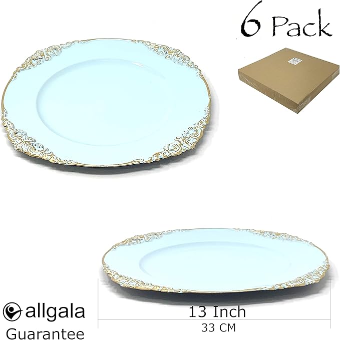 allgala 13-Inch 6-Pack Heavy Quality Round Charger Plates-Floral Light Blue-HD80344