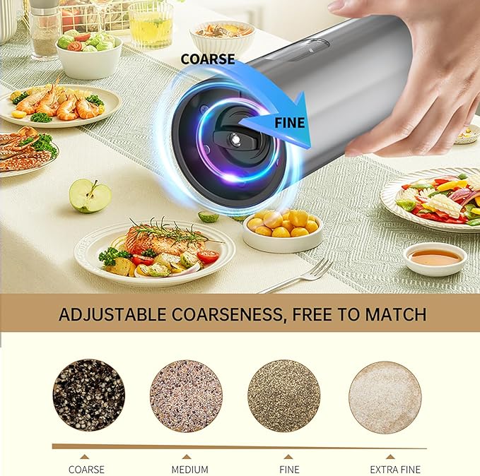 Electric Salt and Pepper Grinder Set with Charging Base，Stainless Steel Automatic Pepper Grinder Set Top-Refill, Flexible Coarsenes, 110ml Larger Capacity with LED Light for Home Kitchen (2 pack)