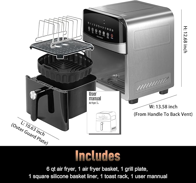 Stainless Steel Air Fryer Ceramic Coat Basket Non Toxic Metal Cavity 6 QT Compact for 2-3 PAX, DAYBEST Dual Heats Airfryer 450°F 12 in 1, Dishwasher Safed Pot, Plate, Rack & Liner (Stainless Steel)