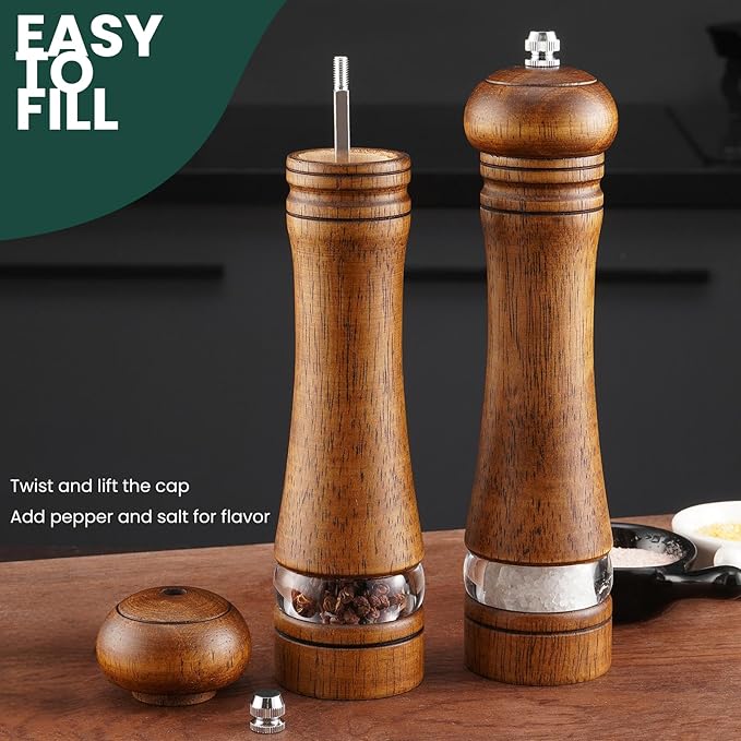2-Piece Salt and Pepper Grinder Set, 8 Inch Wooden Salt and Pepper Mills with Adjustable Coarseness, Refillable Manual Pepper Mill Grinder for Home Cooks (Brown)