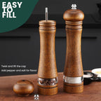 2-Piece Salt and Pepper Grinder Set, 8 Inch Wooden Salt and Pepper Mills with Adjustable Coarseness, Refillable Manual Pepper Mill Grinder for Home Cooks (Brown)