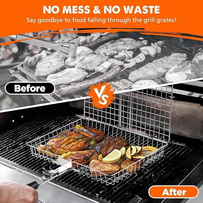 Nesting Grill Baskets, 2pcs Grilling Baskets for Outdoor with Removable Handle, Stainless Steel BBQ Camping Cooking Accessories Tools for Fish, Vegetable, Shrimp - Gifts for Men Dad Husband
