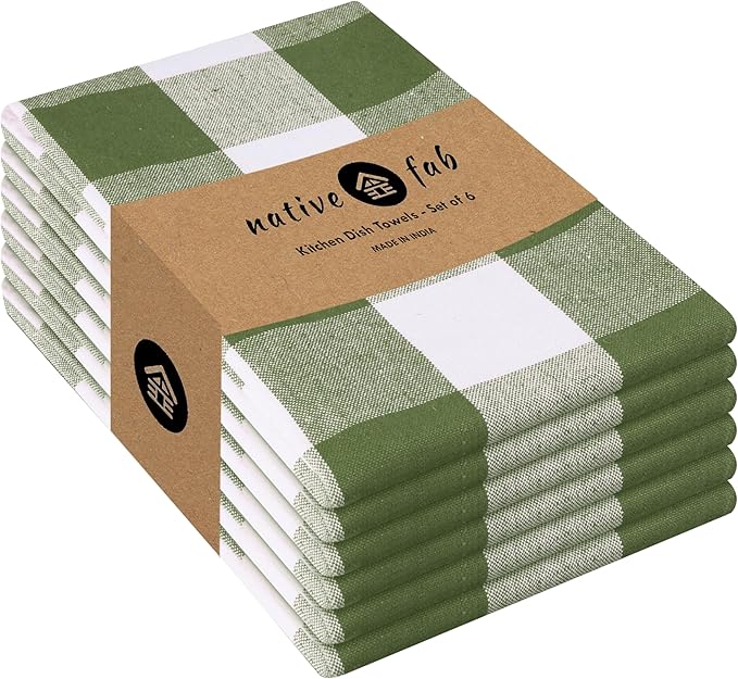 Native Fab Buffalo Check Kitchen Dish Towels, 16"x26", 6 Pack - 100% Cotton Plaid Washcloths - Absorbent Dish Cloths Set, Cleaning Hand Towels with Hanging Loop - Mint Green White