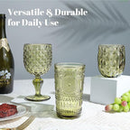 Joeyan Green Vintage Drinking Glasses,Embossed Boho Sunflower Highball Water Glass Tumbler,14 oz Colored Beaded Glassware for Beverages Juice Whisky Cocktail Beer Wine Milk of 4,Dishwasher Safe