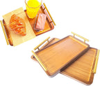 Bamboo Serving Tray with Gold Handles - Small Wood Serving Tray for Breakfast in Bed, Coffee Table, Dinner & bar - Decorative Bed Table Tray for Kitchen or Bedroom（11.8" x 7.5" x 2"）