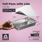Fit Meal Prep 50 Pack 1.5 lb Aluminum Foil Pans with Lids, Disposable Take Out Food Containers with lids for Freshness and Spill Proof, 8.75 x 6.25 x 1.5 Disposable Cookware for Catering, Restaurants