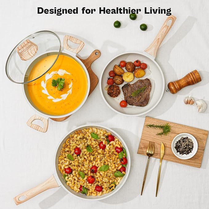 13 Pcs Pots and Pans Set, Nonstick Cookware Sets White Granite Induction Cookware, Non-toxic Healthy Non stick Kitchen Cooking Set with Frying Pans Set, Saucepans (PFAS/PFOA/PFOS Free)