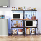 Furologee Bakers Rack with Power Outlet and LED Light, Small Microwave Stand with 4 Tier Shelves, Coffee Bar Station Table with 6 S Hooks, Kitchen Storage Rack for Spices, Pots, Rustic Brown