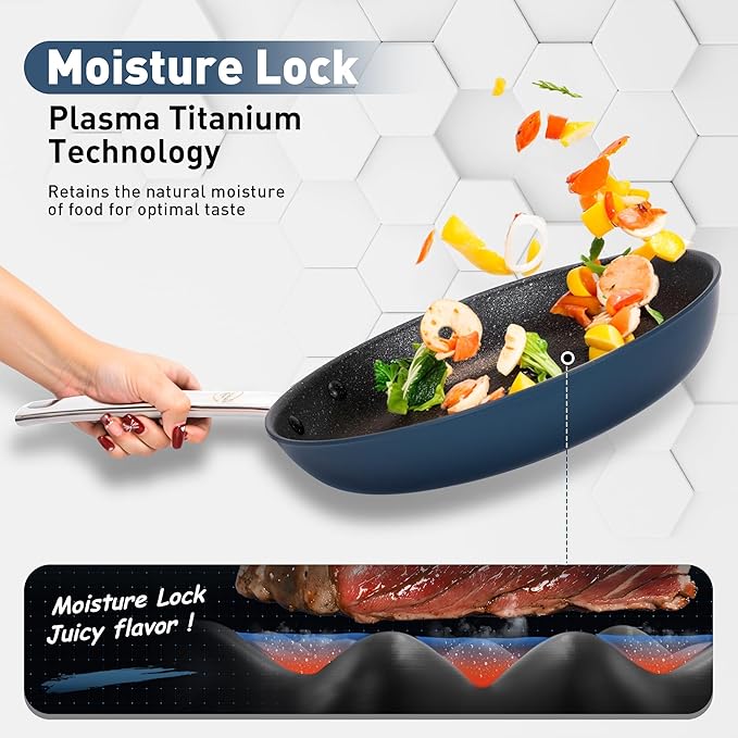 DishDelight Pots and Pans Set Nonstick, 9,11 Inch Frying Pan Set, Induction Ceramic Frying Pans with Stay-Cool Handles, Added Plasma Diamond, Blue