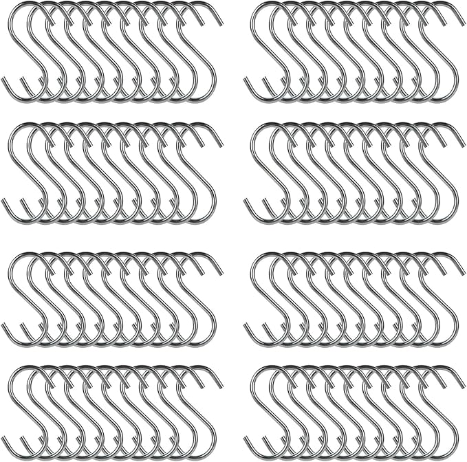 RHBLME 100 Pack S Hooks - 2.8 Inch Small Heavy Duty Stainless Steel S Hooks for Hanging Jeans, Cooking Utensils, Potted Plants, etc