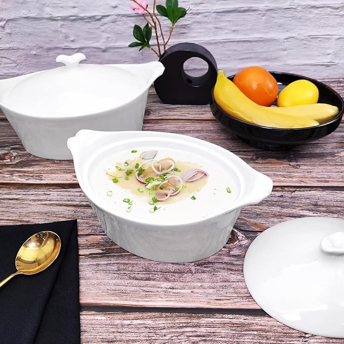 8.7" x 6.7" Ceramic Oval Casserole Dish with Lids,1.6 Qt White French Serving Soup Tureens, Baking Dish with Handle 11.3 IN, for Casseroles, Lasagna Cookware Set, Microwave, Oven Safe