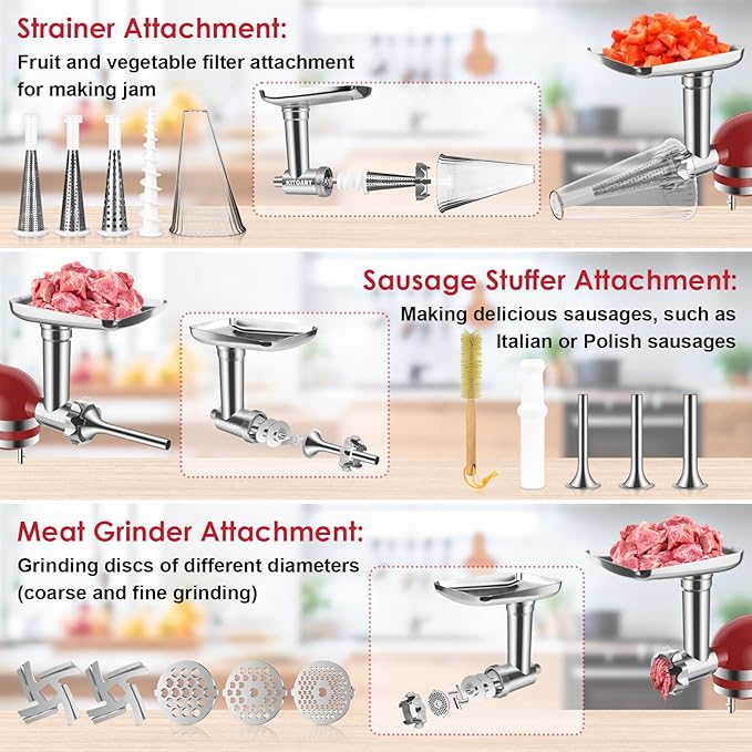 Fruit & Vegetable Strainer Attachment and Food Meat Grinder Attachment for Kitchenaid Stand Mixer with Sausage Stuffer Tubes and Fruits Juicer Auger Strainer