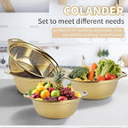 Colander 304 Stainless Steel 3-quart with Mixing Bowls, Strainer for Kitchen Food For washing vegetables, fruit, rice, Dishwasher Safe. (Gold 2PC)