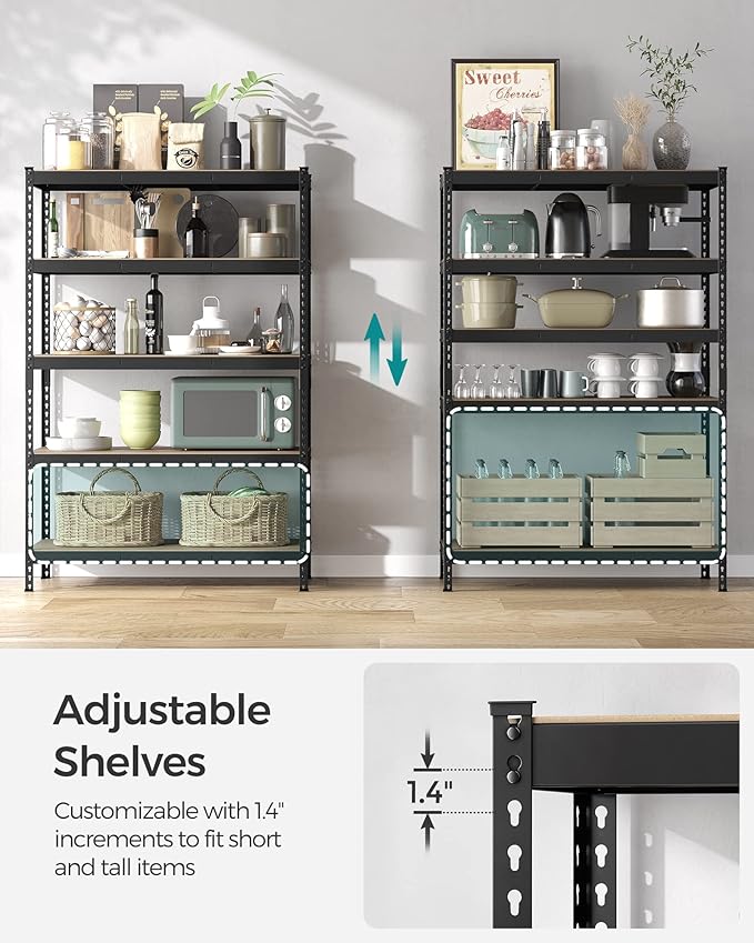SONGMICS 5-Tier Storage Shelves, Load 2310 lb, Garage Storage, Boltless Assembly, Adjustable Shelving Unit, 23.6 x 47.2 x 70.9 Inches, for Study Shed Basement, Black and Natural Beige UGLR600B01