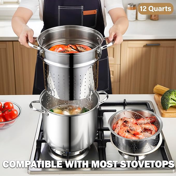 Cooks Standard Pasta Pot 18/10 Stainless Steel 12 Quart, Spaghetti Cooker Steamer Stock Pot Multipots with Strainer Insert, Stainless Steel Lid, 4-Piece Set