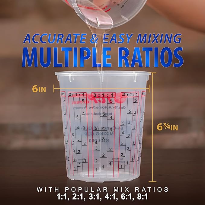 Custom Shop Paint Mixing Cups, 64-Ounce (12 Pack) - Plastic Measuring Cups for Liquids, Automotive Painting, Epoxy Resin, Acrylic Arts, Crafts, Disposable or Reusable, Graduated, Mixing Ratios