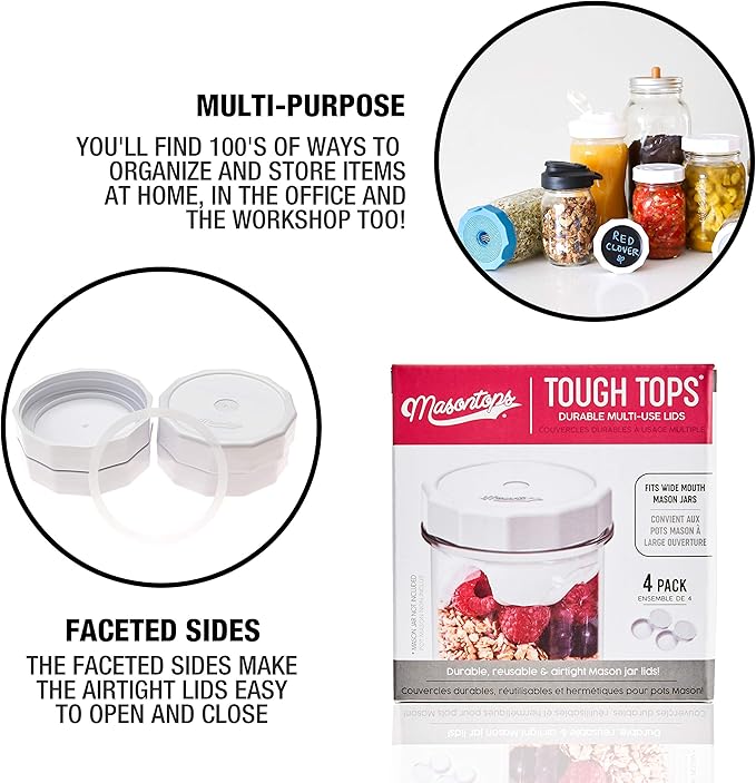 Masontops Tough Tops - Ball Wide Mouth Mason Jar Lids Plastic Leakproof - BPA-Free White Plastic Mason Jar Lids - Reusable Dry Canning Lids fit Ball Jars (Ball Mason Jars not included)