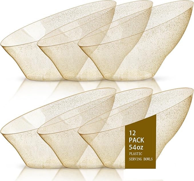 bUCLA 12 Pack Gold Glitter Plastic Serving Bowls - 54 OZ Angled Serving Bowls Disposable for Chip,Candy, Snack,Salad & Fruit - Ideal for Party & Wedding