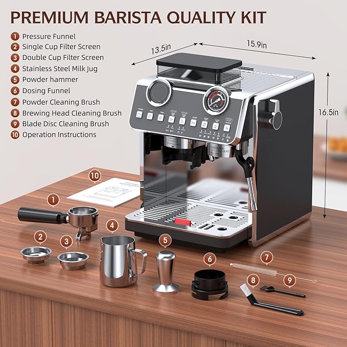 Espresso Machine with Grinder, 20 Bar Pressure Professional Coffee Maker with 30 Grinding Settings, 58mm Portafilte, Anti-scalding Milk Frother Steam Wand for Latte (IronGrey)