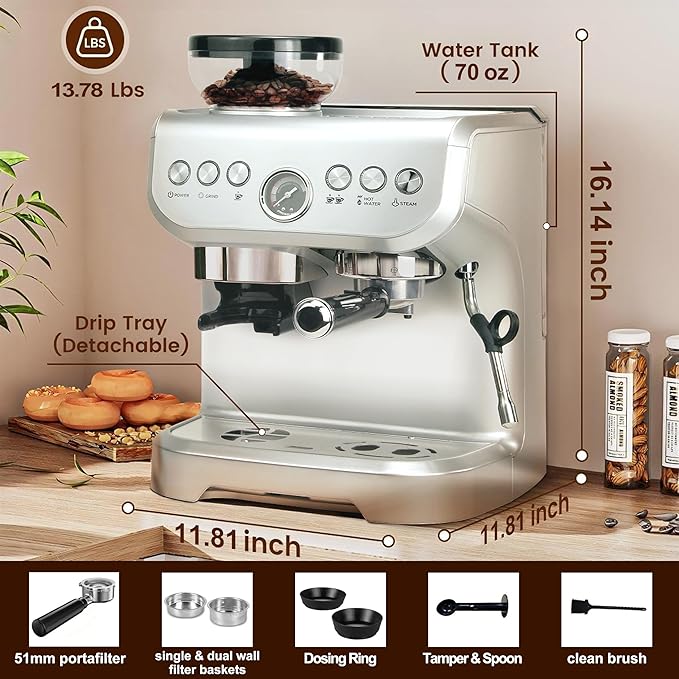 MIROX Espresso Machine 15 Bar, Coffee Maker With Milk Frother Steam Wand, Built-In Bean Grinder, Combo Cappuccino Machine with 70oz Removable Water Tank (ABS high-strength plastic shell)