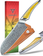 7 inch Santoku Knife, Japanese VG-10 Damascus Steel Chef Knife, Ultra Sharp Kitchen Knife with Full-tang Handle in Yellow Resin, LA-S9 Series