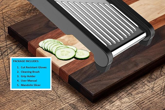 Adjustable Stainless Steel Mandoline Slicer for Kitchen – Sharp & Durable Vegetable and Fruit Cutter with Non-Slip Grip, Safety Gloves, Cleaning Brush – Easy-Clean & Dishwasher-Safe